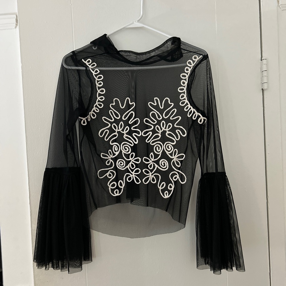 Lace & Beads Black White Mesh‎ Tulle Flare Sleeve Top Design Statement Stunning